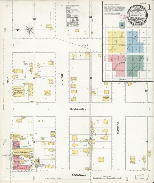 Sanborn Fire Insurance Map from Santa Maria, Santa Barbara County, California (1895), Sheet #0001 - Complete Map Set gallery image, historic Sanborn map, vintage wall art, California California