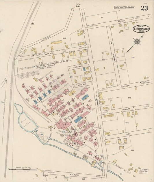 Sanborn Fire Insurance Map from Leominster, Worcester County, Massachusetts (1922), Sheet #0023 - Historic Sanborn Fire Insurance Map Print, vintage old map wall art, antique decor, genealogy gift, Massachusetts Massachusetts map
