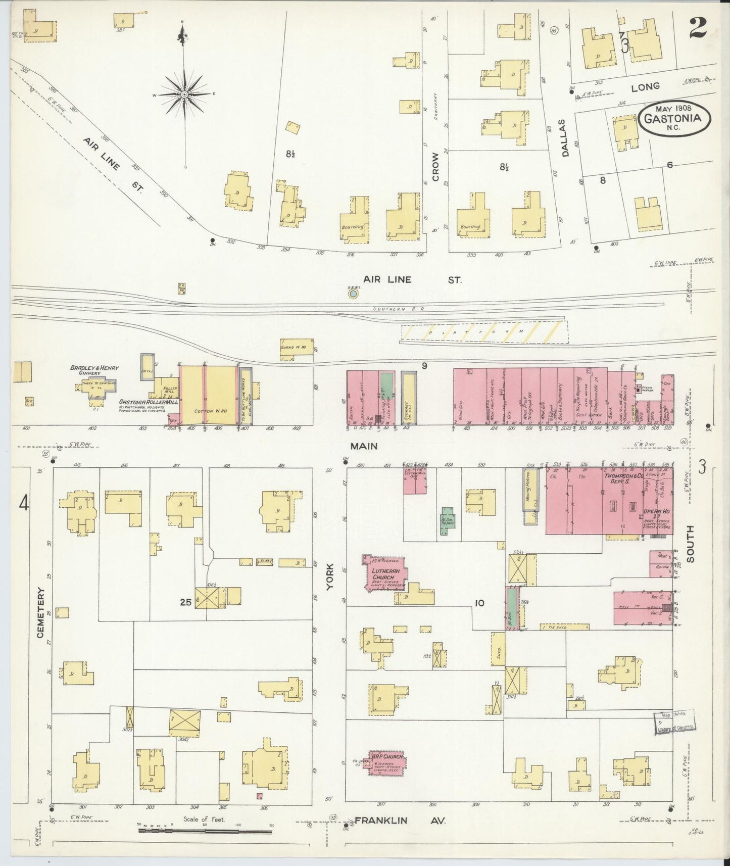 Sanborn Fire Insurance Map from Gastonia, Gaston County, North Carolina (1908), Sheet #0002 - Historic Sanborn Fire Insurance Map Print, vintage old map wall art, antique decor, genealogy gift, North Carolina North Carolina map