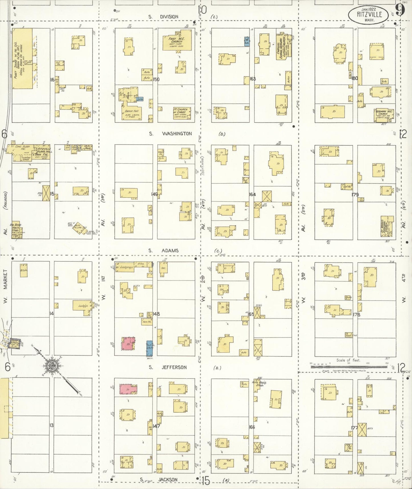 Sanborn Fire Insurance Map from Ritzville, Adams County, Washington (1922), Sheet #0009 - Complete Map Set gallery image, historic Sanborn map, vintage wall art, Washington Washington