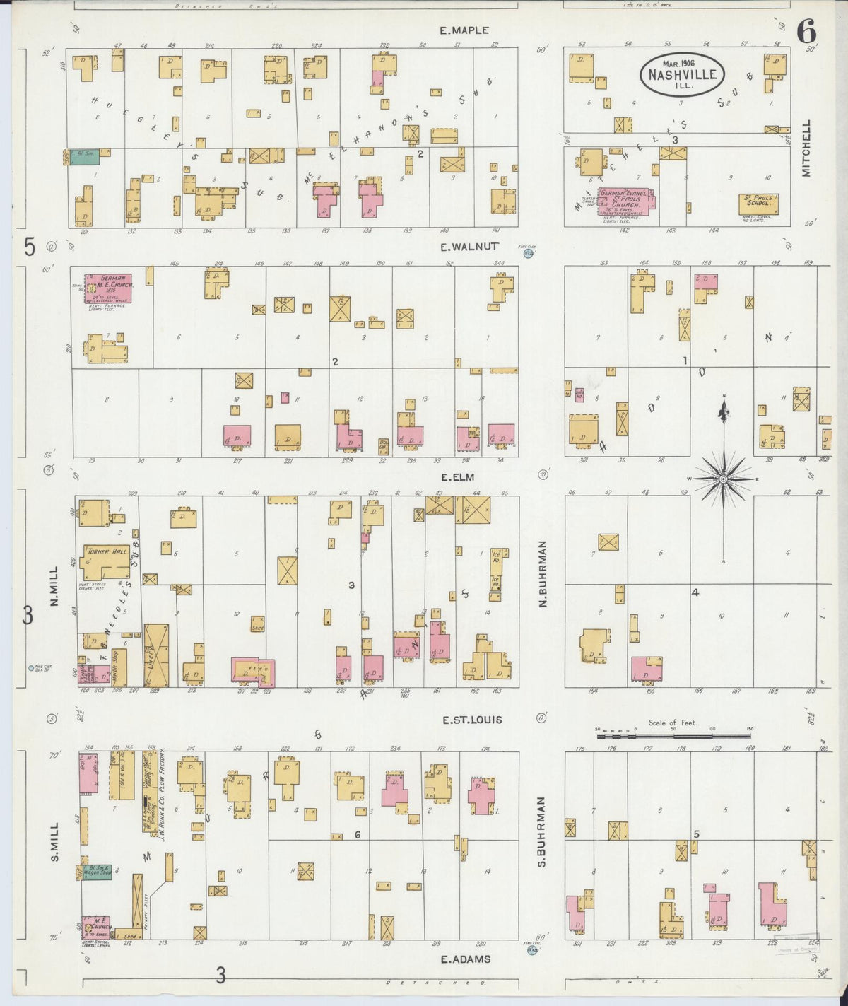 Sanborn Fire Insurance Map from Nashville, Washington County, Illinois (1906), Sheet #0006 - Complete Map Set gallery image, historic Sanborn map, vintage wall art, Illinois Illinois