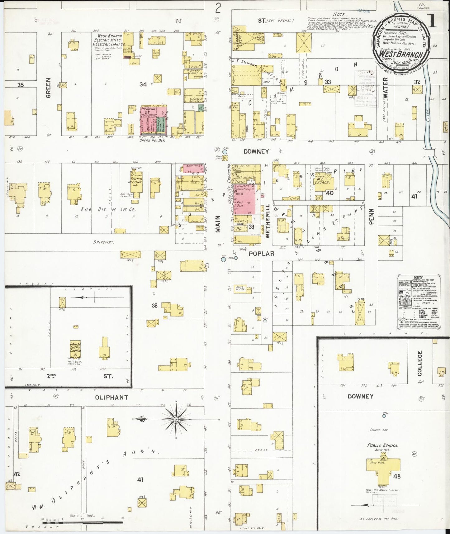 Sanborn Fire Insurance Map from West Branch, Cedar County, Iowa (1900), Sheet #0001 - Historic Sanborn Fire Insurance Map Print, vintage old map wall art