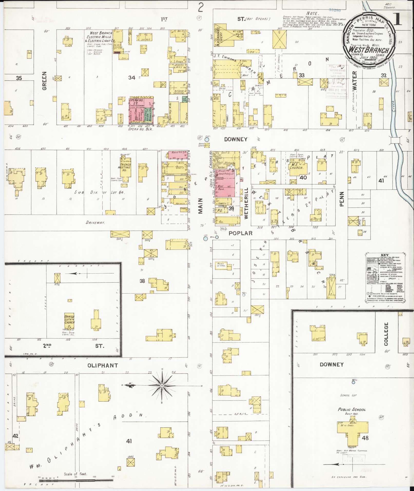 Sanborn Fire Insurance Map from West Branch, Cedar County, Iowa (1900), Sheet #0001 - Historic Sanborn Fire Insurance Map Print, vintage old map wall art