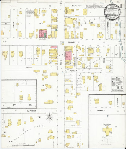 Sanborn Fire Insurance Map from West Branch, Cedar County, Iowa (1900), Sheet #0001 - Historic Sanborn Fire Insurance Map Print, vintage old map wall art