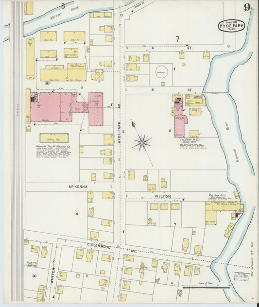 Sanborn Fire Insurance Map from Hyde Park, Norfolk County, Massachusetts (1896), Sheet #0009 - Historic Sanborn Fire Insurance Map Print, vintage old map wall art, antique decor, genealogy gift, Massachusetts Massachusetts map