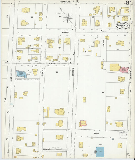 Sanborn Fire Insurance Map from Brownwood, Brown County, Texas (1904), Sheet #0008 - Historic Sanborn Fire Insurance Map Print, vintage old map wall art, antique decor, genealogy gift, Texas Texas map