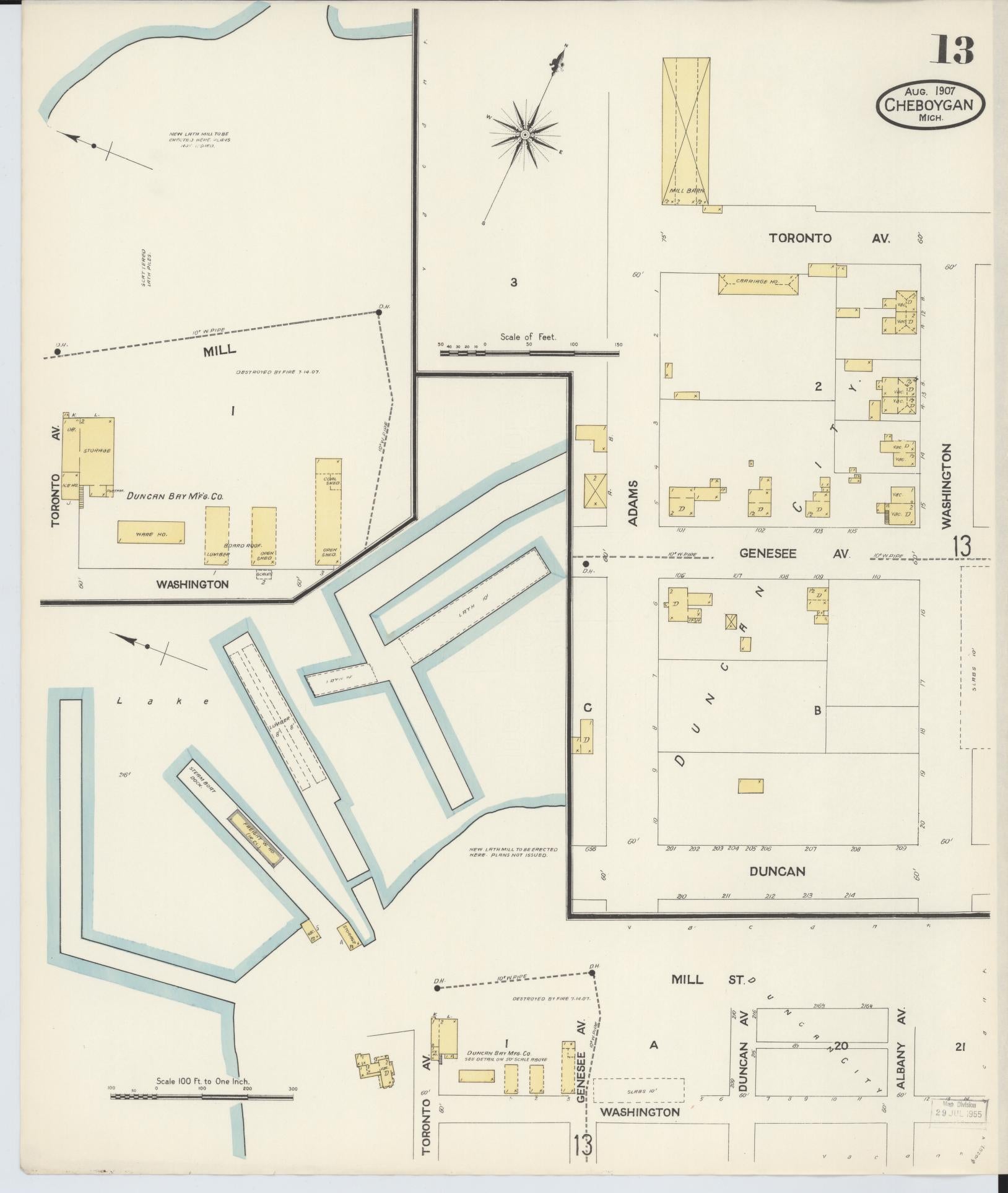 Sanborn Fire Insurance Map from Cheboygan, Cheboygan County, Michigan (1907), Sheet #0013 - Historic Sanborn Fire Insurance Map Print, vintage old map wall art, antique decor, genealogy gift, Michigan Michigan map