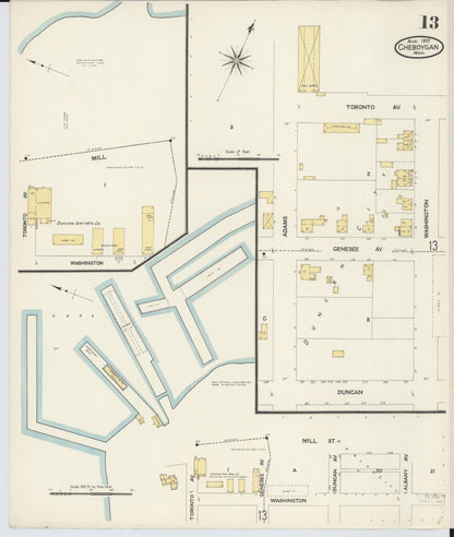 Sanborn Fire Insurance Map from Cheboygan, Cheboygan County, Michigan (1907), Sheet #0013 - Historic Sanborn Fire Insurance Map Print, vintage old map wall art, antique decor, genealogy gift, Michigan Michigan map