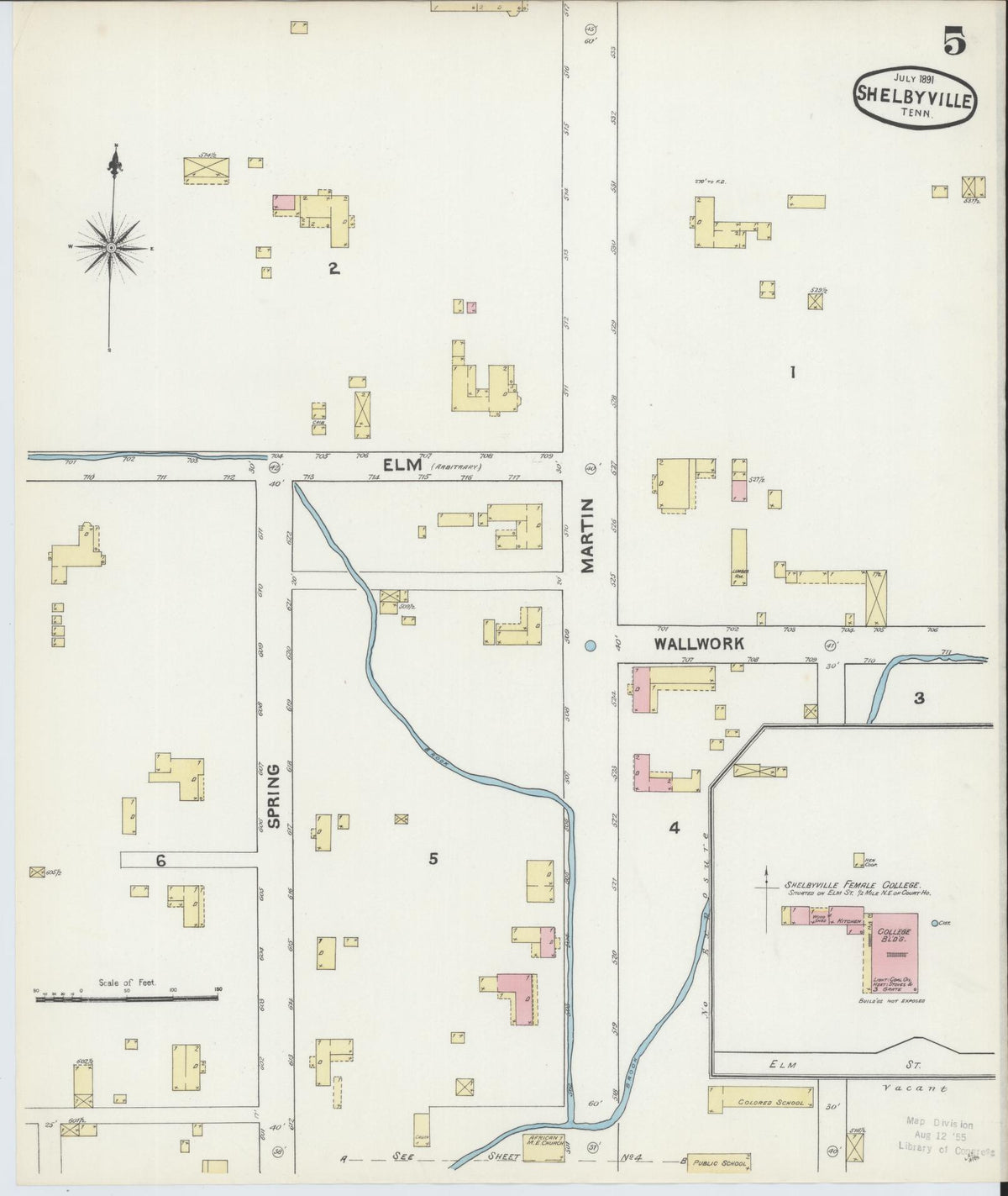 Sanborn Fire Insurance Map from Shelbyville, Bedford County, Tennessee (1891), Sheet #0005 - Historic Sanborn Fire Insurance Map Print, vintage old map wall art, antique decor, genealogy gift, Tennessee Tennessee map