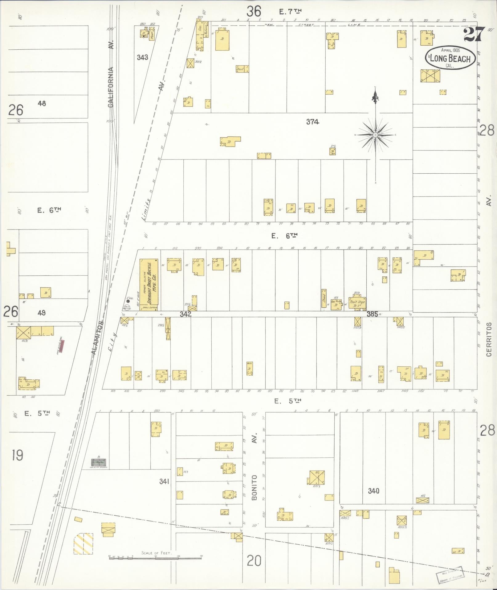 Sanborn Fire Insurance Map from Long Beach, Los Angeles County, California (1905), Sheet #0027 - Historic Sanborn Fire Insurance Map Print, vintage old map wall art, antique decor, genealogy gift, California California map