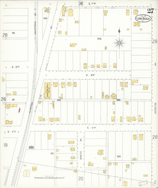 Sanborn Fire Insurance Map from Long Beach, Los Angeles County, California (1905), Sheet #0027 - Historic Sanborn Fire Insurance Map Print, vintage old map wall art, antique decor, genealogy gift, California California map