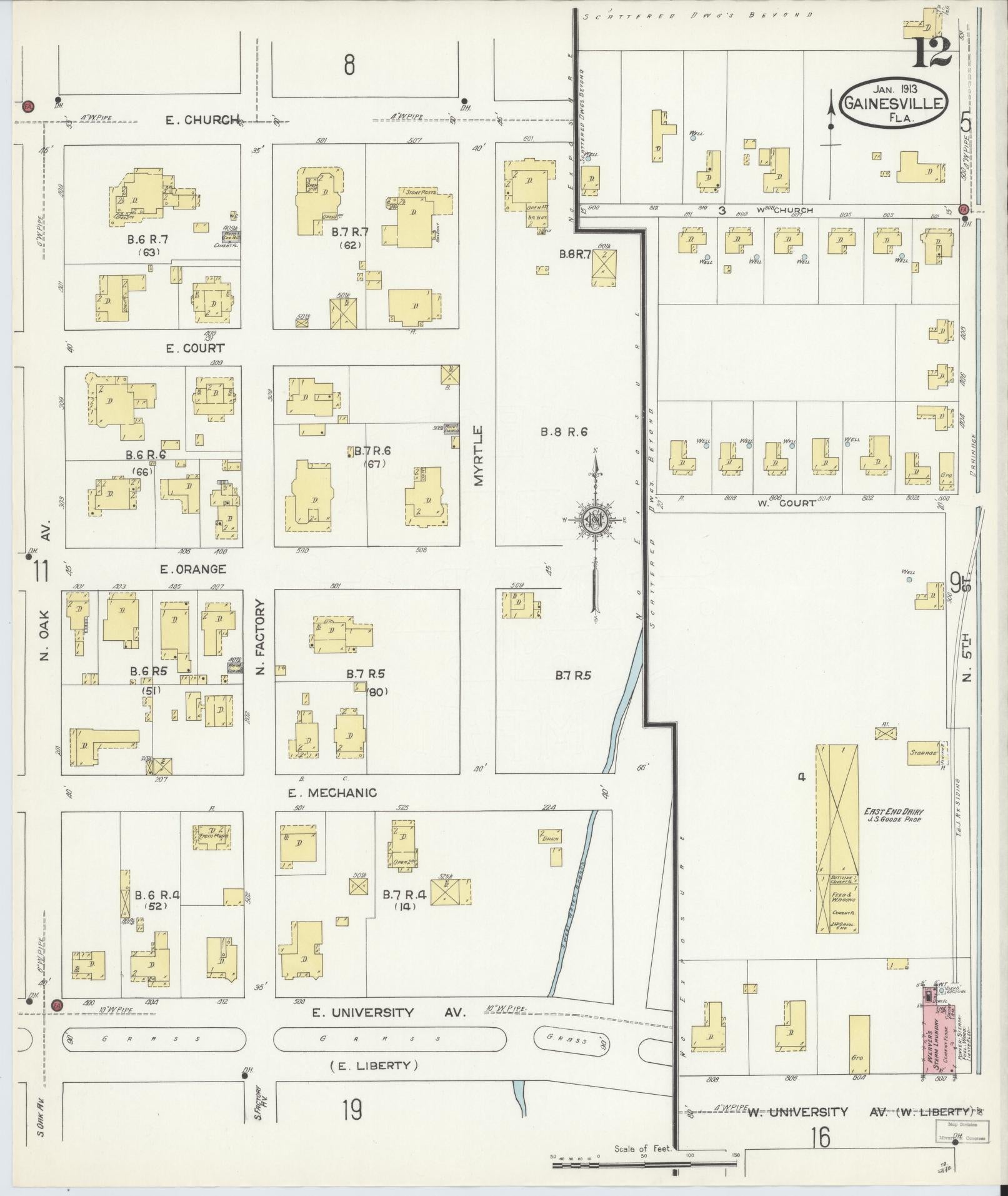 Sanborn Fire Insurance Map from Gainesville, Alachua County, Florida (1913), Sheet #0012 - Complete Map Set gallery image, historic Sanborn map, vintage wall art, Florida Florida