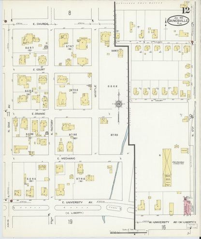 Sanborn Fire Insurance Map from Gainesville, Alachua County, Florida (1913), Sheet #0012 - Complete Map Set gallery image, historic Sanborn map, vintage wall art, Florida Florida