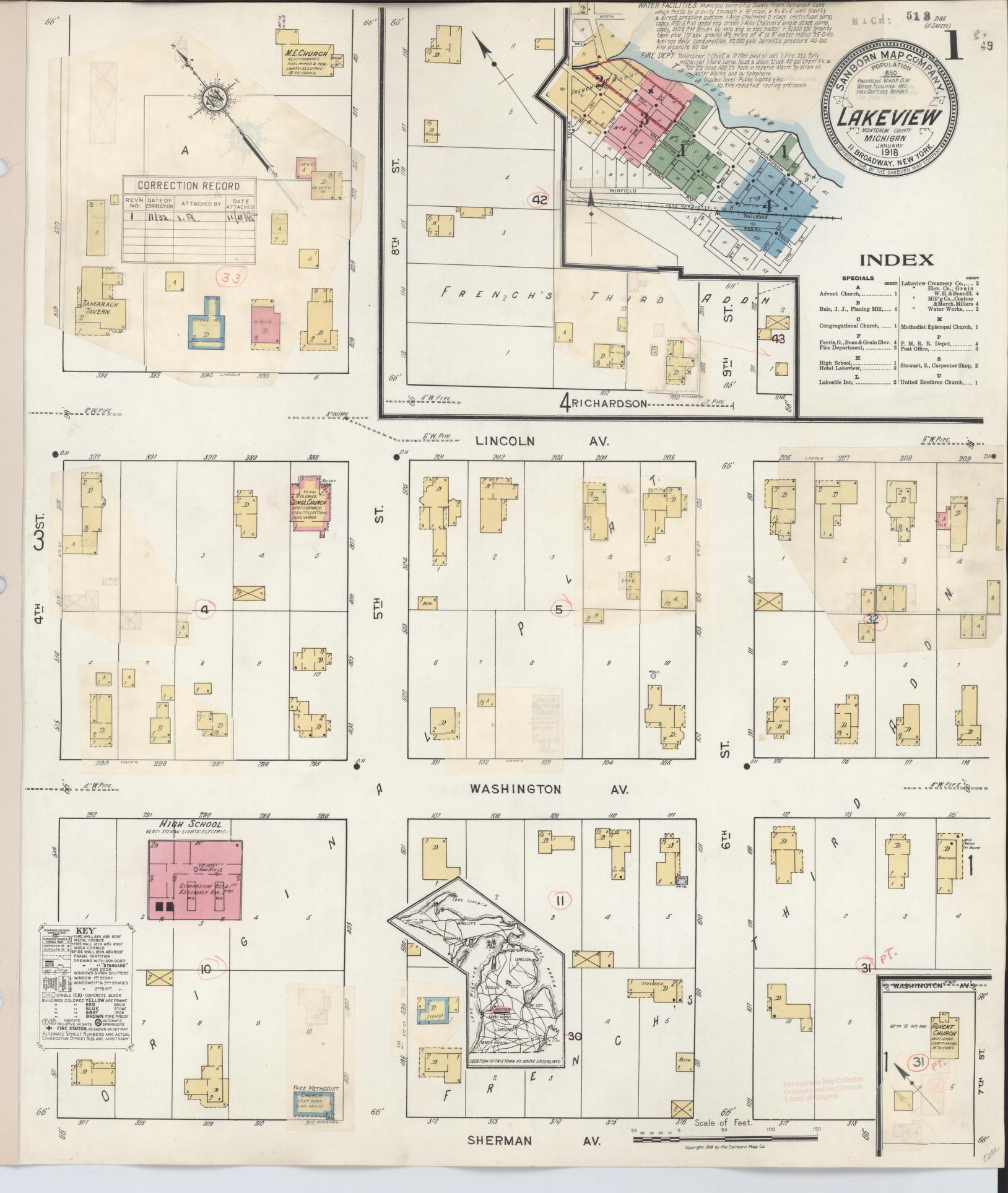Sanborn Fire Insurance Map from Lakeview, Montcalm County, Michigan (1932), Sheet #0001 - Complete Map Set gallery image, historic Sanborn map, vintage wall art, Michigan Michigan