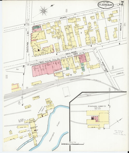 Sanborn Fire Insurance Map from Saint Johnsbury, Caledonia County, Vermont (1895), Sheet #0007 - Historic Sanborn Fire Insurance Map Print, vintage old map wall art, antique decor, genealogy gift, Vermont Vermont map