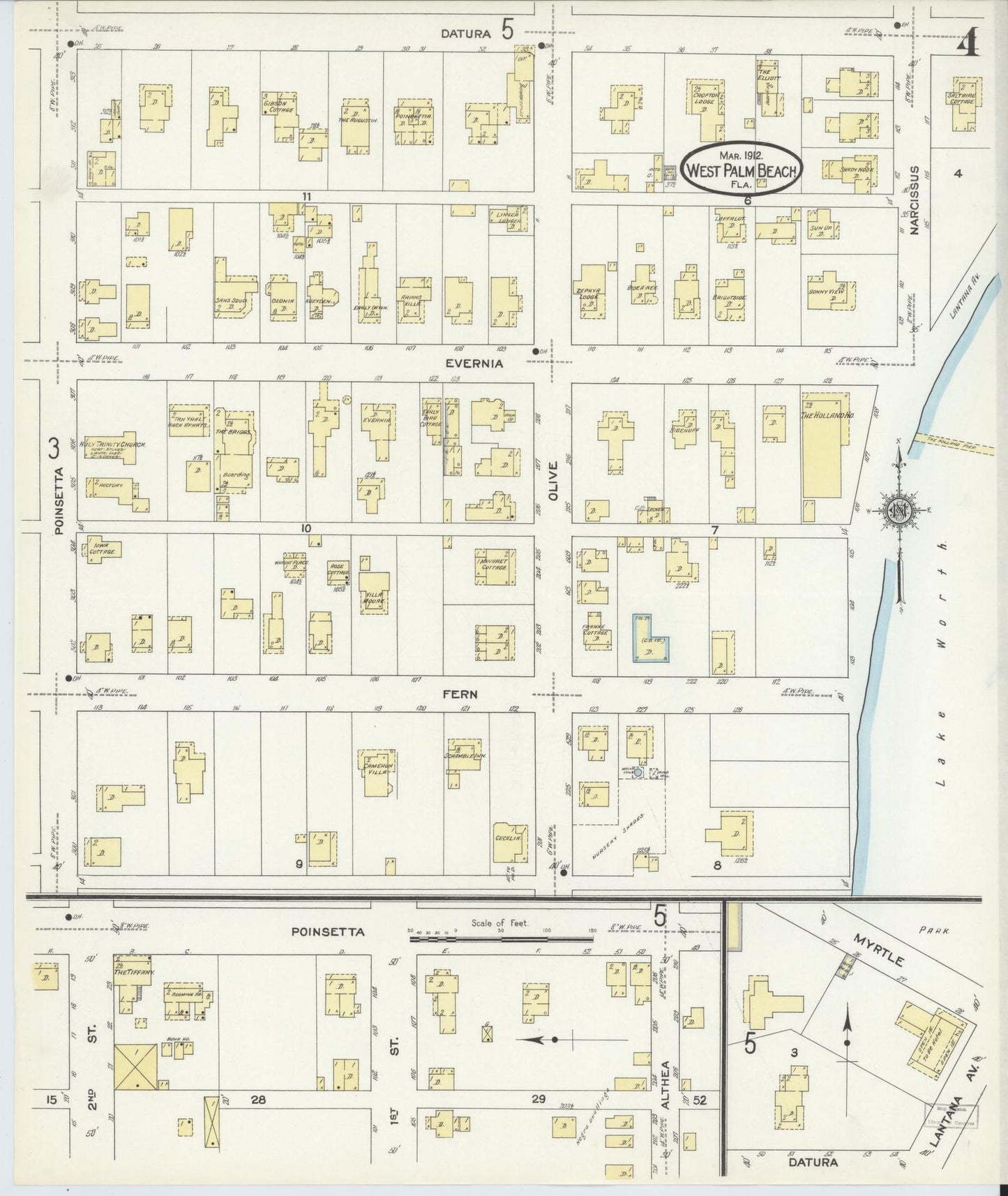 Sanborn Fire Insurance Map from West Palm Beach, Dade County, Florida (1912), Sheet #0004 - Complete Map Set gallery image, historic Sanborn map, vintage wall art, Florida Florida
