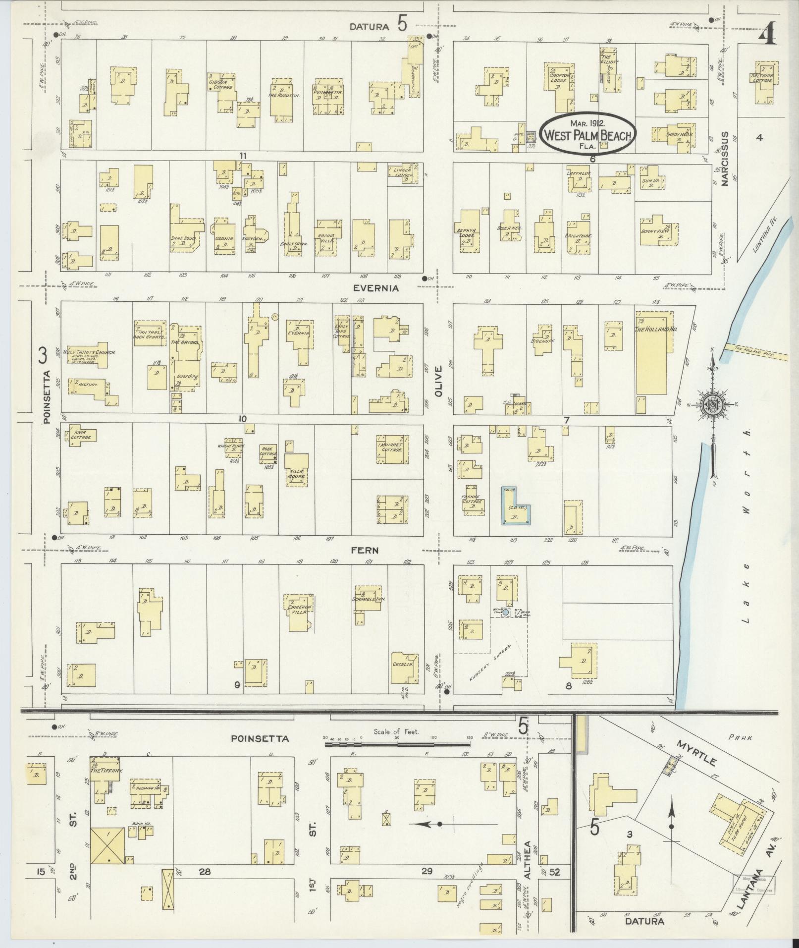 Sanborn Fire Insurance Map from West Palm Beach, Dade County, Florida (1912), Sheet #0004 - Complete Map Set gallery image, historic Sanborn map, vintage wall art, Florida Florida