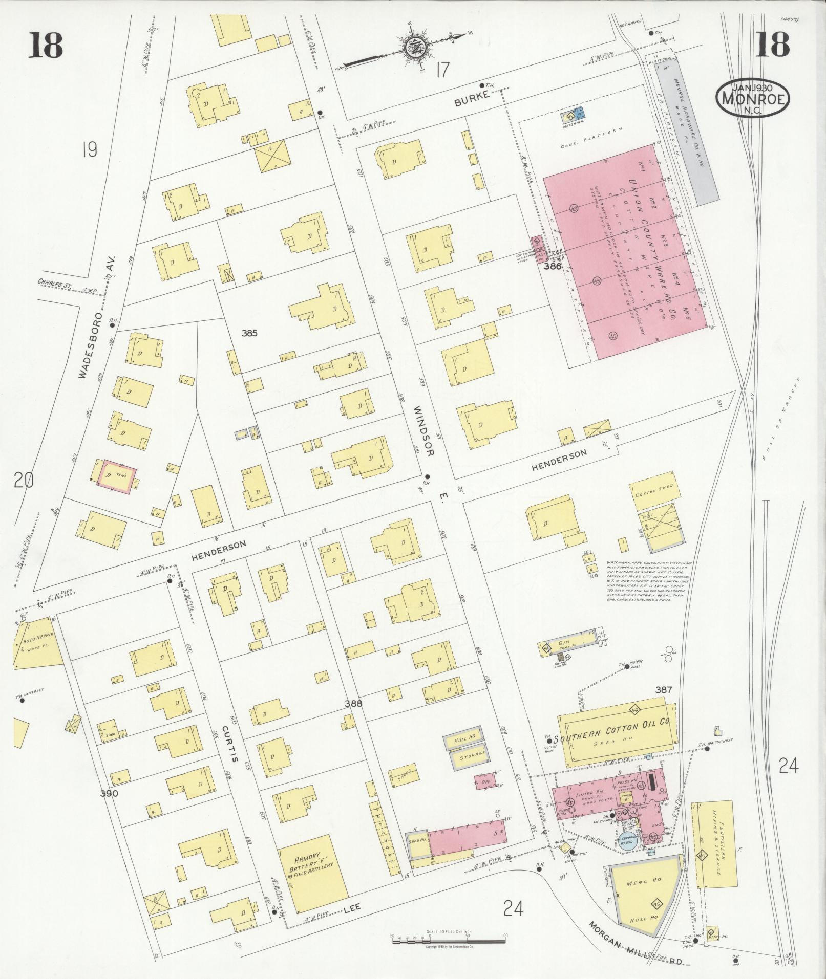 Sanborn Fire Insurance Map from Monroe, Union County, North Carolina (1930), Sheet #0018 - Historic Sanborn Fire Insurance Map Print, vintage old map wall art, antique decor, genealogy gift, North Carolina North Carolina map