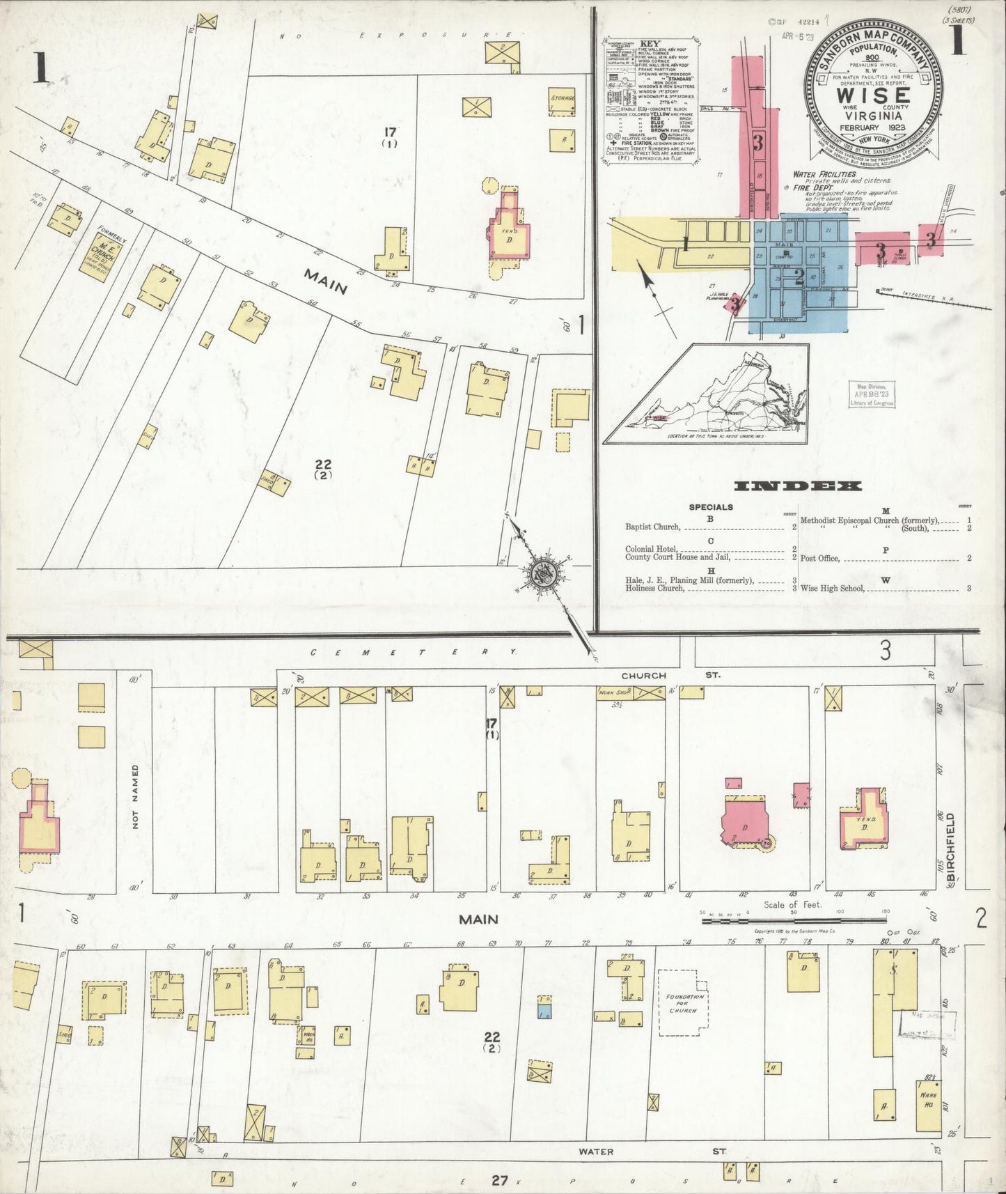 Sanborn Fire Insurance Map from Wise, Wise County, Virginia (1923), Sheet #0001 - Historic Sanborn Fire Insurance Map Print, vintage old map wall art, antique decor, genealogy gift, Virginia Virginia map
