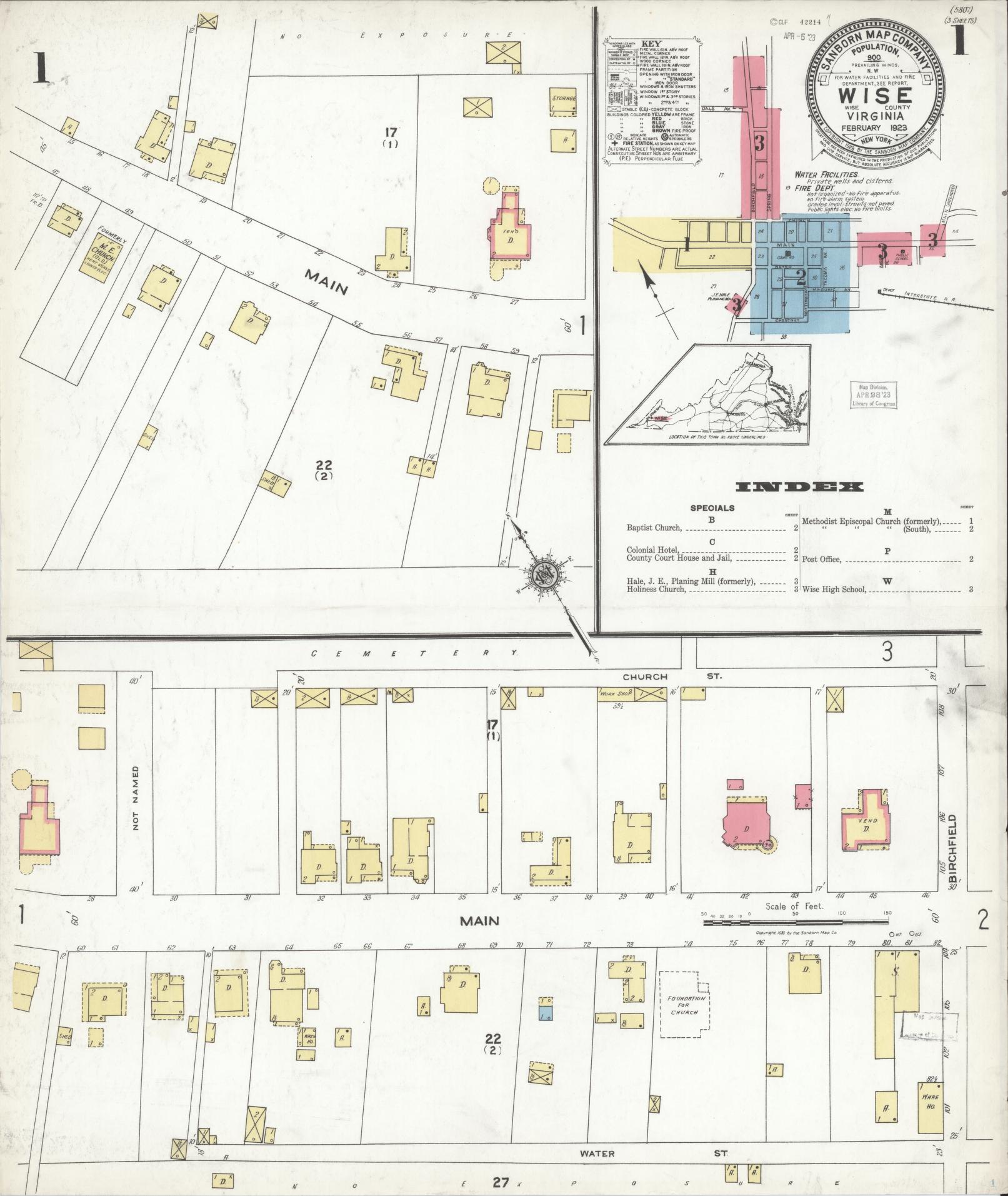 Sanborn Fire Insurance Map from Wise, Wise County, Virginia (1923), Sheet #0001 - Historic Sanborn Fire Insurance Map Print, vintage old map wall art, antique decor, genealogy gift, Virginia Virginia map