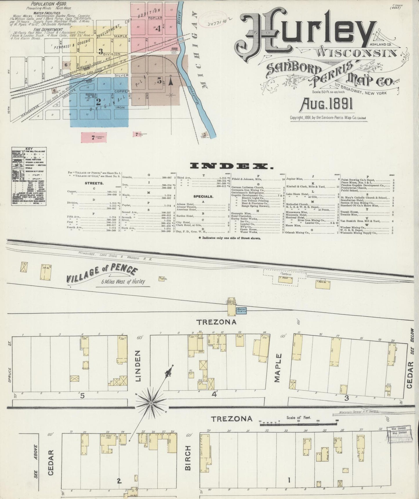 Sanborn Fire Insurance Map from Hurley, Iron County, Wisconsin (1891), Sheet #0001 - Historic Sanborn Fire Insurance Map Print, vintage old map wall art, antique decor, genealogy gift, Wisconsin Wisconsin map