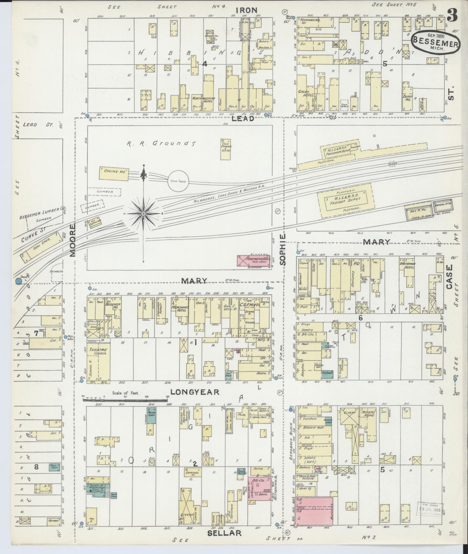 Sanborn Fire Insurance Map from Bessemer, Gogebic County, Michigan (1891), Sheet #0003 - Historic Sanborn Fire Insurance Map Print, vintage old map wall art, antique decor, genealogy gift, Michigan Michigan map