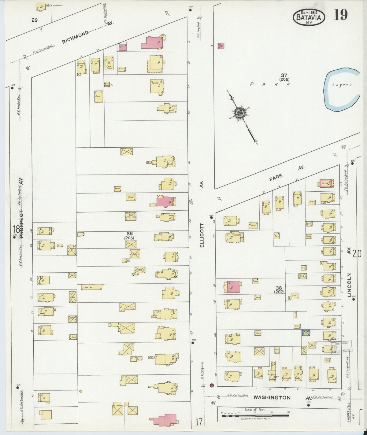 Sanborn Fire Insurance Map from Batavia, Genesee County, New York (1919), Sheet #0019 - Historic Sanborn Fire Insurance Map Print, vintage old map wall art, antique decor, genealogy gift, New York New York map