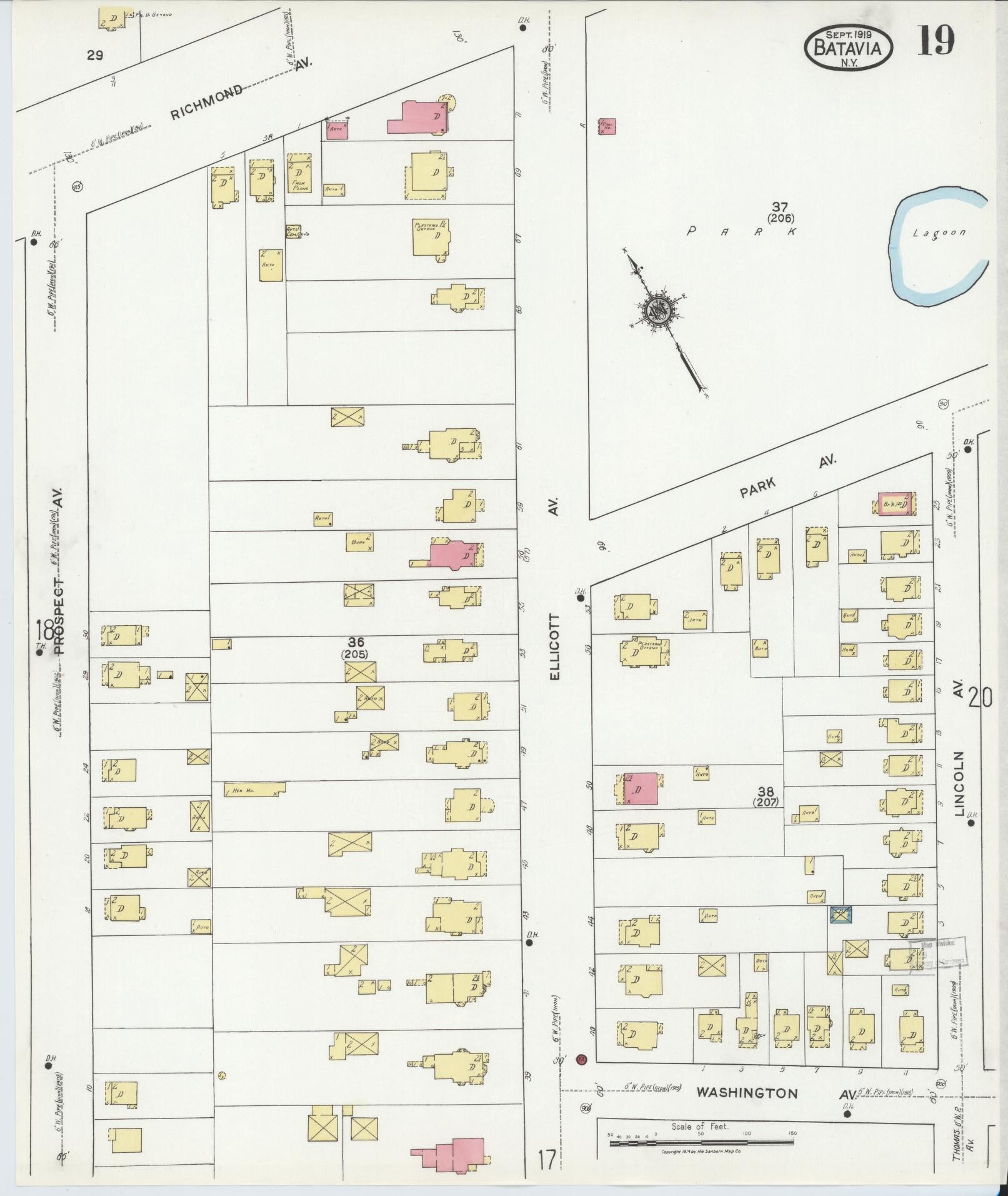 Sanborn Fire Insurance Map from Batavia, Genesee County, New York (1919), Sheet #0019 - Historic Sanborn Fire Insurance Map Print, vintage old map wall art, antique decor, genealogy gift, New York New York map