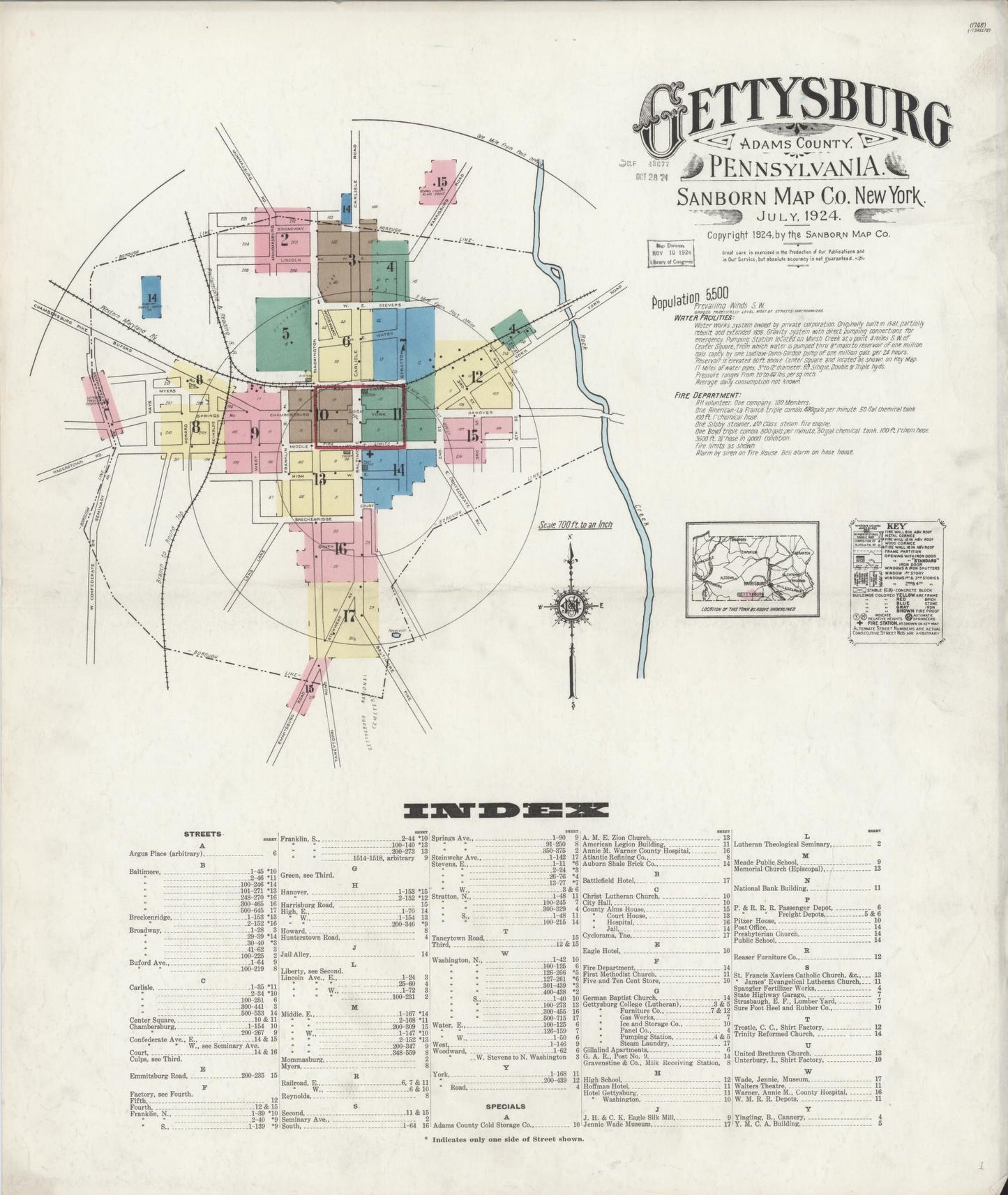 Sanborn Fire Insurance Map from Gettysburg, Adams County, Pennsylvania (1924), Sheet #0001 - Historic Sanborn Fire Insurance Map Print, vintage old map wall art, antique decor, genealogy gift, Pennsylvania Pennsylvania map