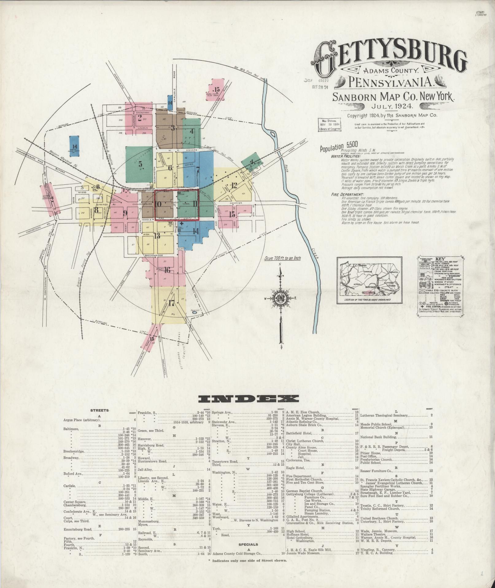 Sanborn Fire Insurance Map from Gettysburg, Adams County, Pennsylvania (1924), Sheet #0001 - Historic Sanborn Fire Insurance Map Print, vintage old map wall art, antique decor, genealogy gift, Pennsylvania Pennsylvania map