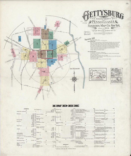 Sanborn Fire Insurance Map from Gettysburg, Adams County, Pennsylvania (1924), Sheet #0001 - Historic Sanborn Fire Insurance Map Print, vintage old map wall art, antique decor, genealogy gift, Pennsylvania Pennsylvania map