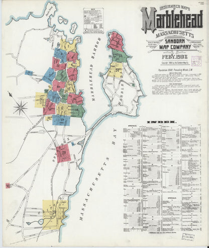 Sanborn Fire Insurance Map from Marblehead, Essex County, Massachusetts (1908), Sheet #0001 - Historic Sanborn Fire Insurance Map Print, vintage old map wall art, antique decor, genealogy gift, Massachusetts Massachusetts map