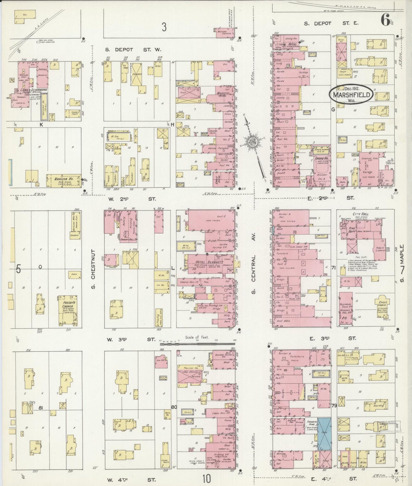 Sanborn Fire Insurance Map from Marshfield, Wood County, Wisconsin (1912), Sheet #0006 - Historic Sanborn Fire Insurance Map Print, vintage old map wall art, antique decor, genealogy gift, Wisconsin Wisconsin map
