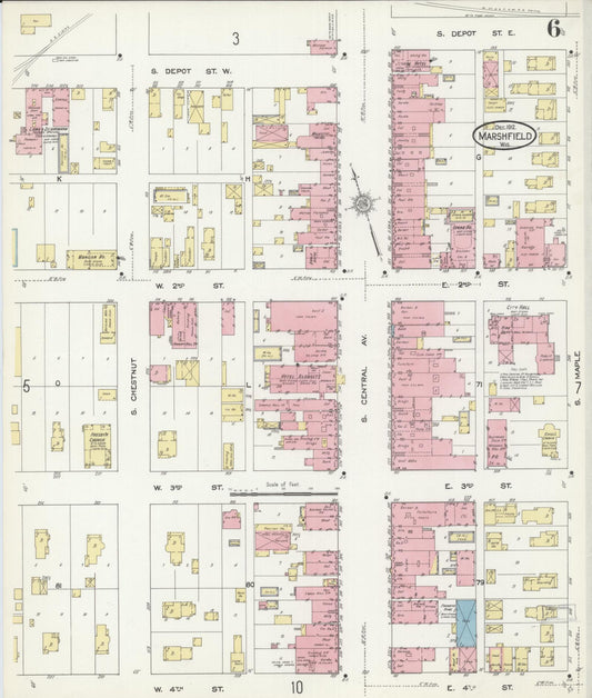 Sanborn Fire Insurance Map from Marshfield, Wood County, Wisconsin (1912), Sheet #0006 - Historic Sanborn Fire Insurance Map Print, vintage old map wall art, antique decor, genealogy gift, Wisconsin Wisconsin map