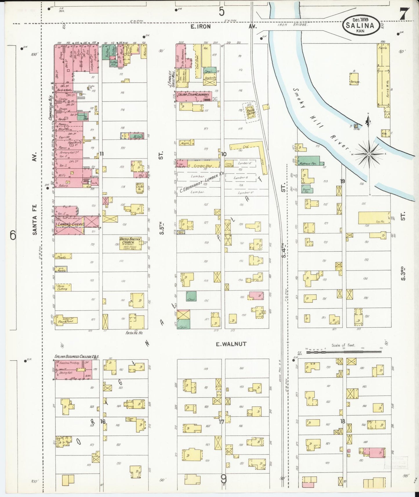 Sanborn Fire Insurance Map from Salina, Saline County, Kansas (1899), Sheet #0007 - Historic Sanborn Fire Insurance Map Print, vintage old map wall art, antique decor, genealogy gift, Kansas Kansas map
