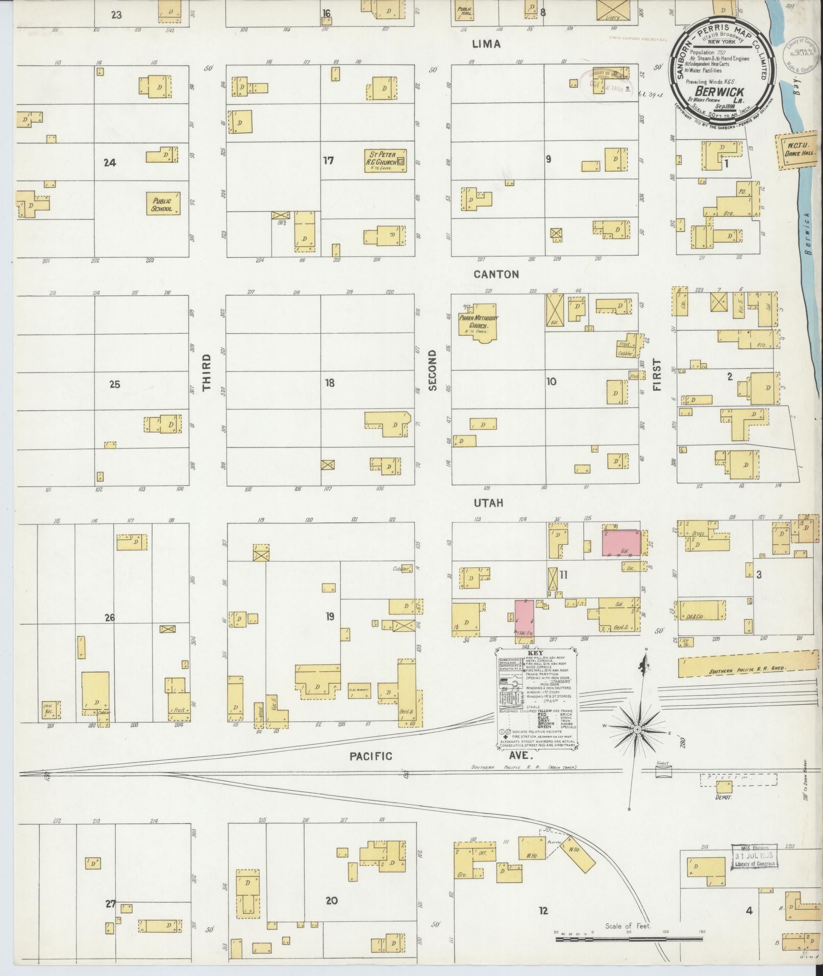 Sanborn Fire Insurance Map from Berwick, Saint Mary Parish, Louisiana (1899), Sheet #0001 - Historic Sanborn Fire Insurance Map Print, vintage old map wall art, antique decor, genealogy gift, Louisiana Louisiana map