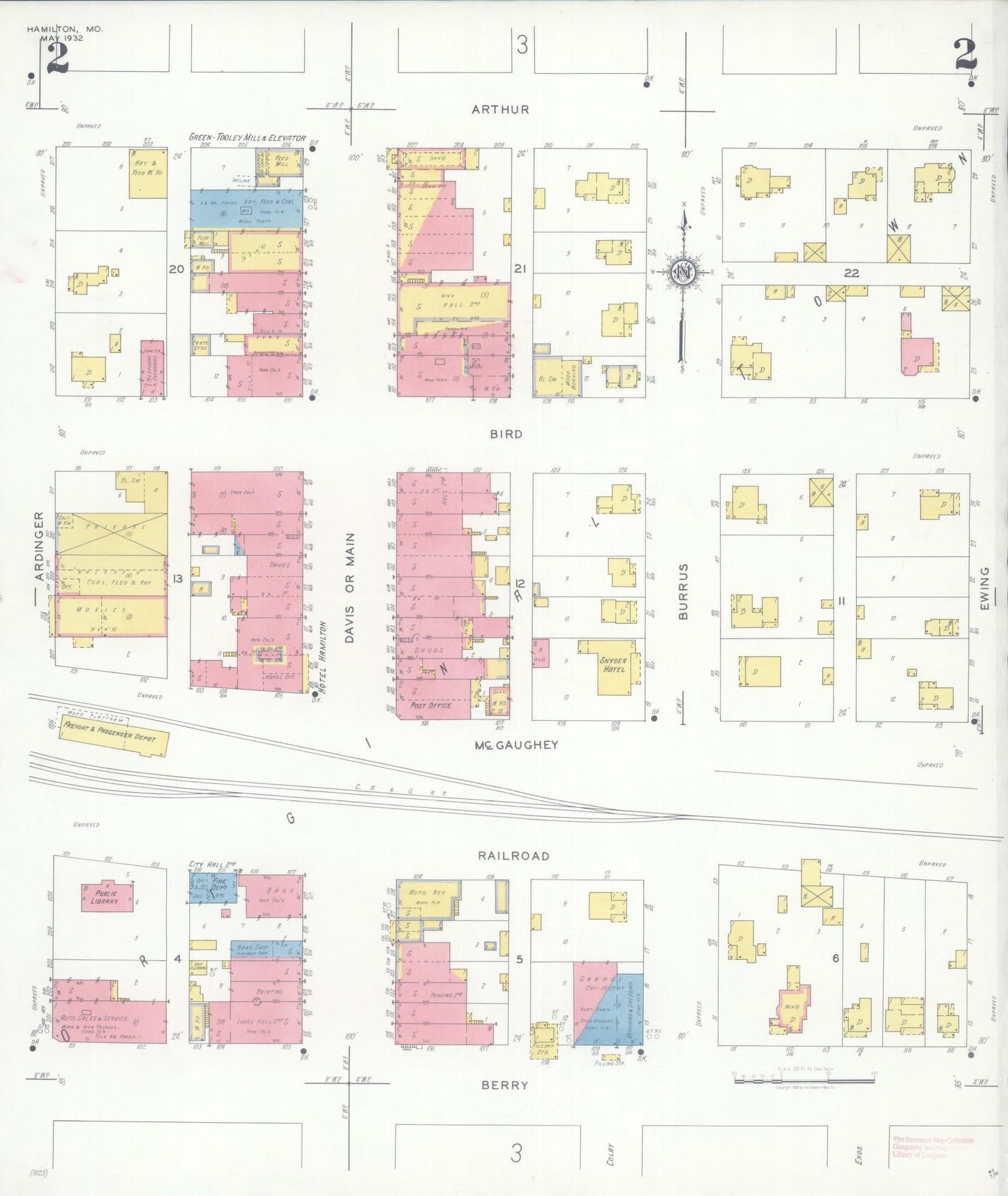 Sanborn Fire Insurance Map from Hamilton, Caldwell County, Missouri (1932), Sheet #0002 - Complete Map Set gallery image, historic Sanborn map, vintage wall art, Missouri Missouri