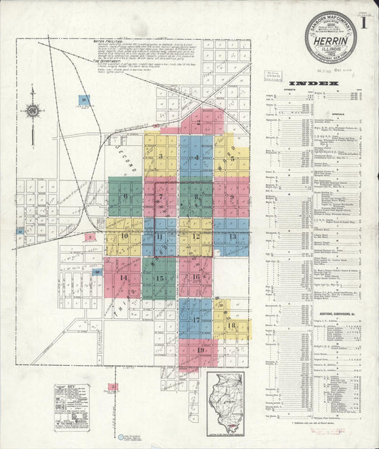 Sanborn Fire Insurance Map from Herrin, Williamson County, Illinois (1922), Sheet #0001 - Historic Sanborn Fire Insurance Map Print, vintage old map wall art, antique decor, genealogy gift, Illinois Illinois map