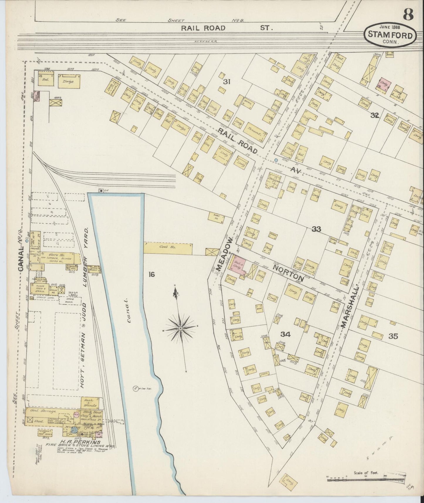 Sanborn Fire Insurance Map from Stamford, Fairfield County, Connecticut (1888), Sheet #0008 - Complete Map Set gallery image, historic Sanborn map, vintage wall art, Connecticut Connecticut