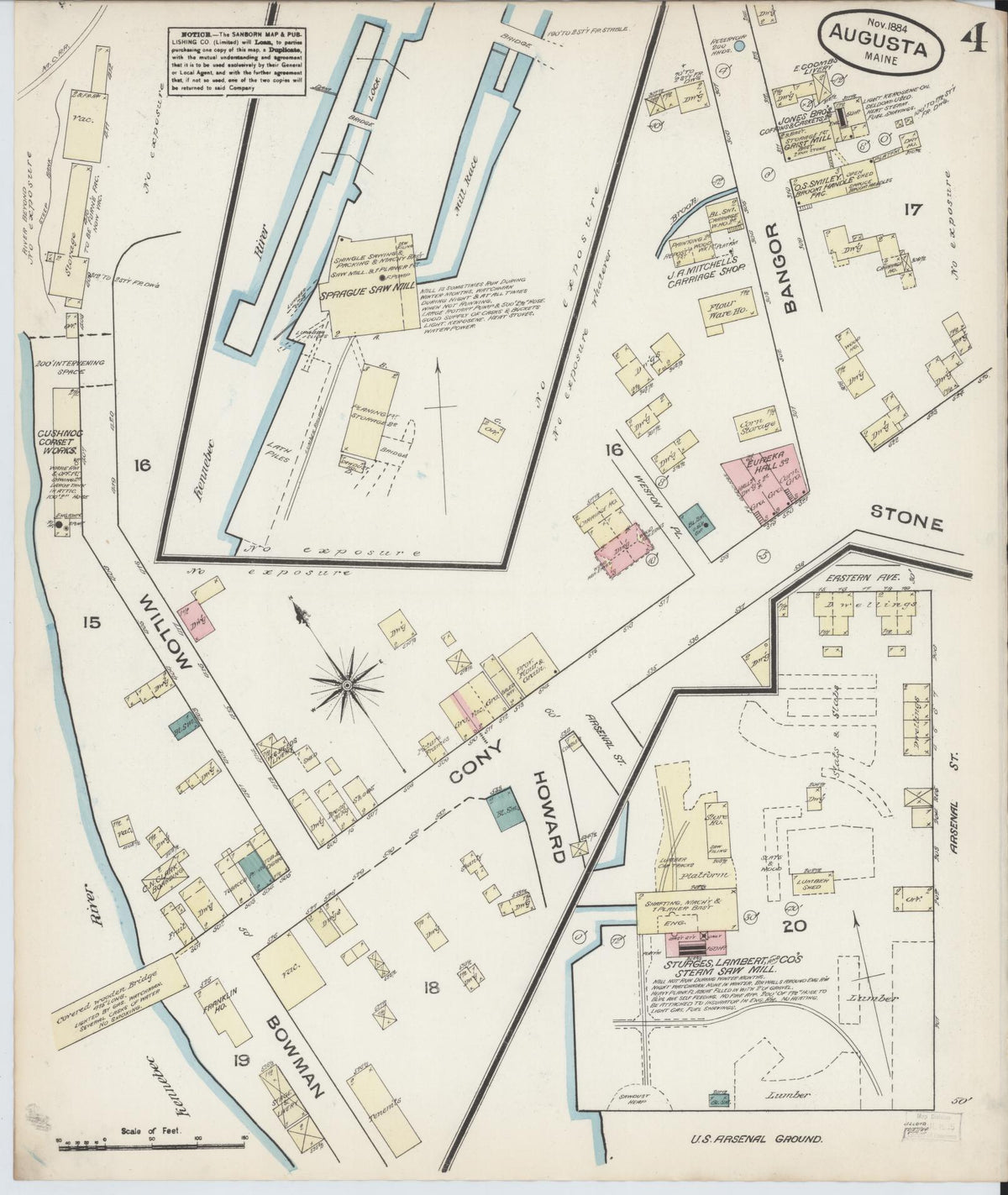 Sanborn Fire Insurance Map from Augusta, Kennebec County, Maine (1884), Sheet #0004 - Historic Sanborn Fire Insurance Map Print, vintage old map wall art, antique decor, genealogy gift, Maine Maine map