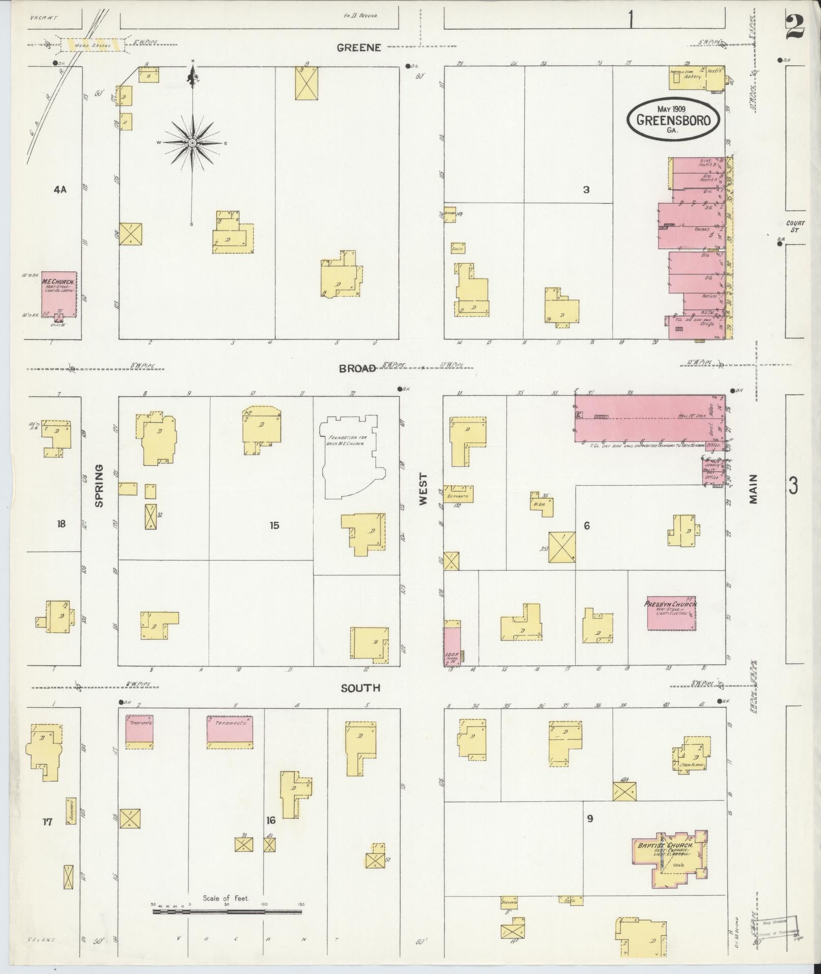 Sanborn Fire Insurance Map from Greensboro, Greene County, Georgia (1909), Sheet #0002 - Historic Sanborn Fire Insurance Map Print, vintage old map wall art, antique decor, genealogy gift, Georgia Georgia map
