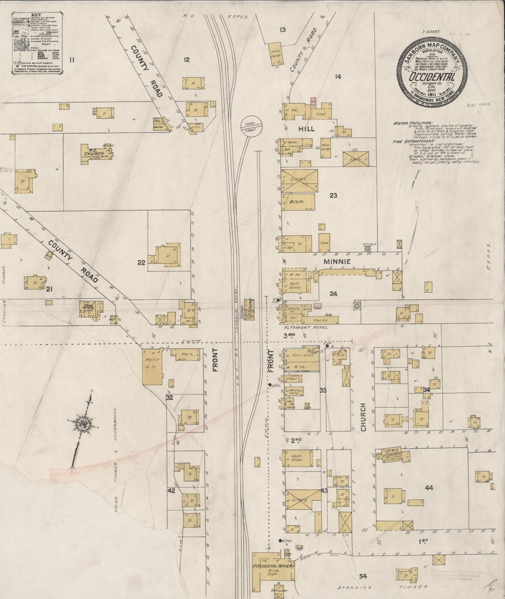 Sanborn Fire Insurance Map from Occidental, Sonoma County, California (1911), Sheet #0001 - Historic Sanborn Fire Insurance Map Print, vintage old map wall art, antique decor, genealogy gift, California California map