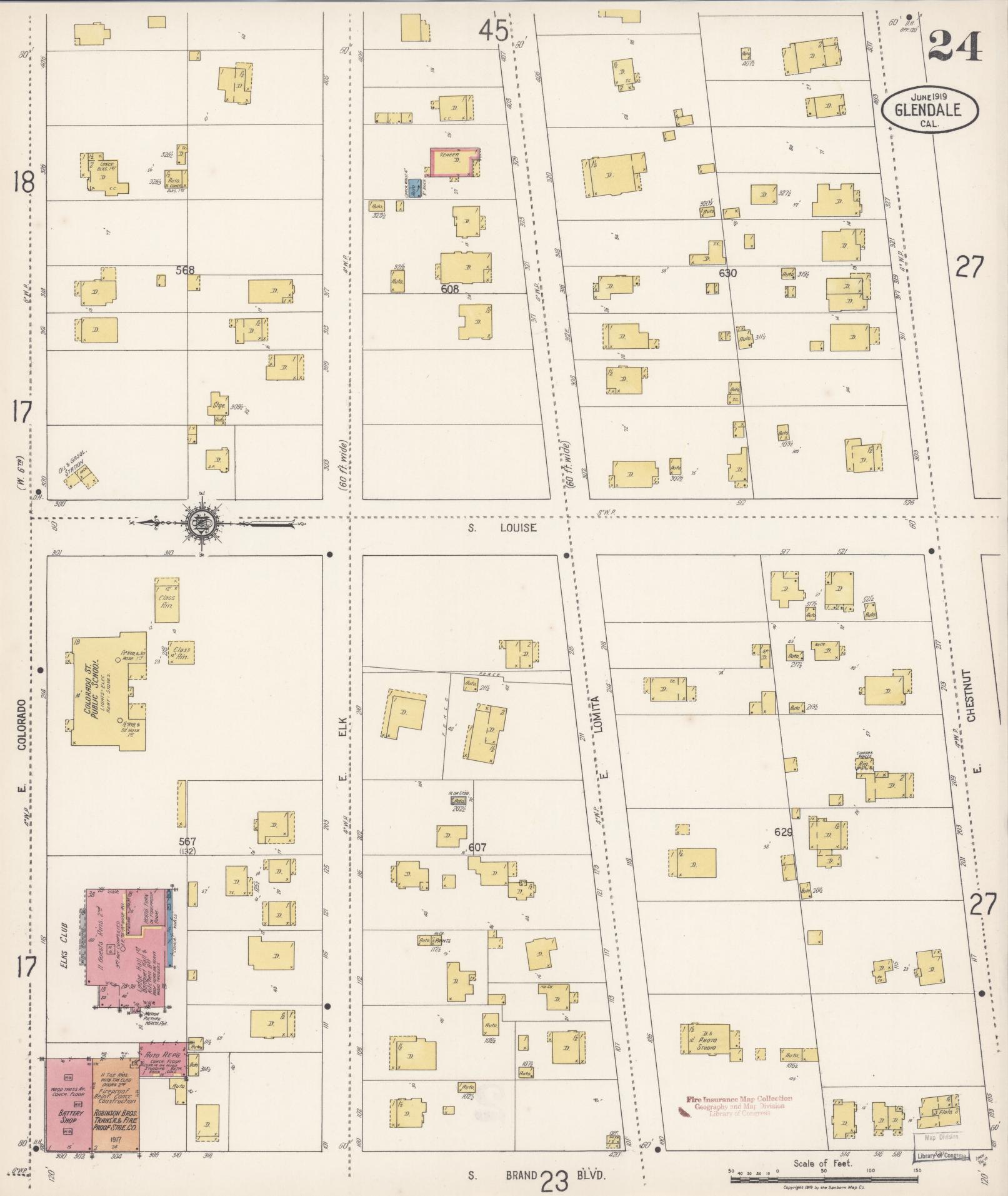 Sanborn Fire Insurance Map from Glendale, Los Angeles County, California (1919), Sheet #0024 - Historic Sanborn Fire Insurance Map Print, vintage old map wall art, antique decor, genealogy gift, California California map