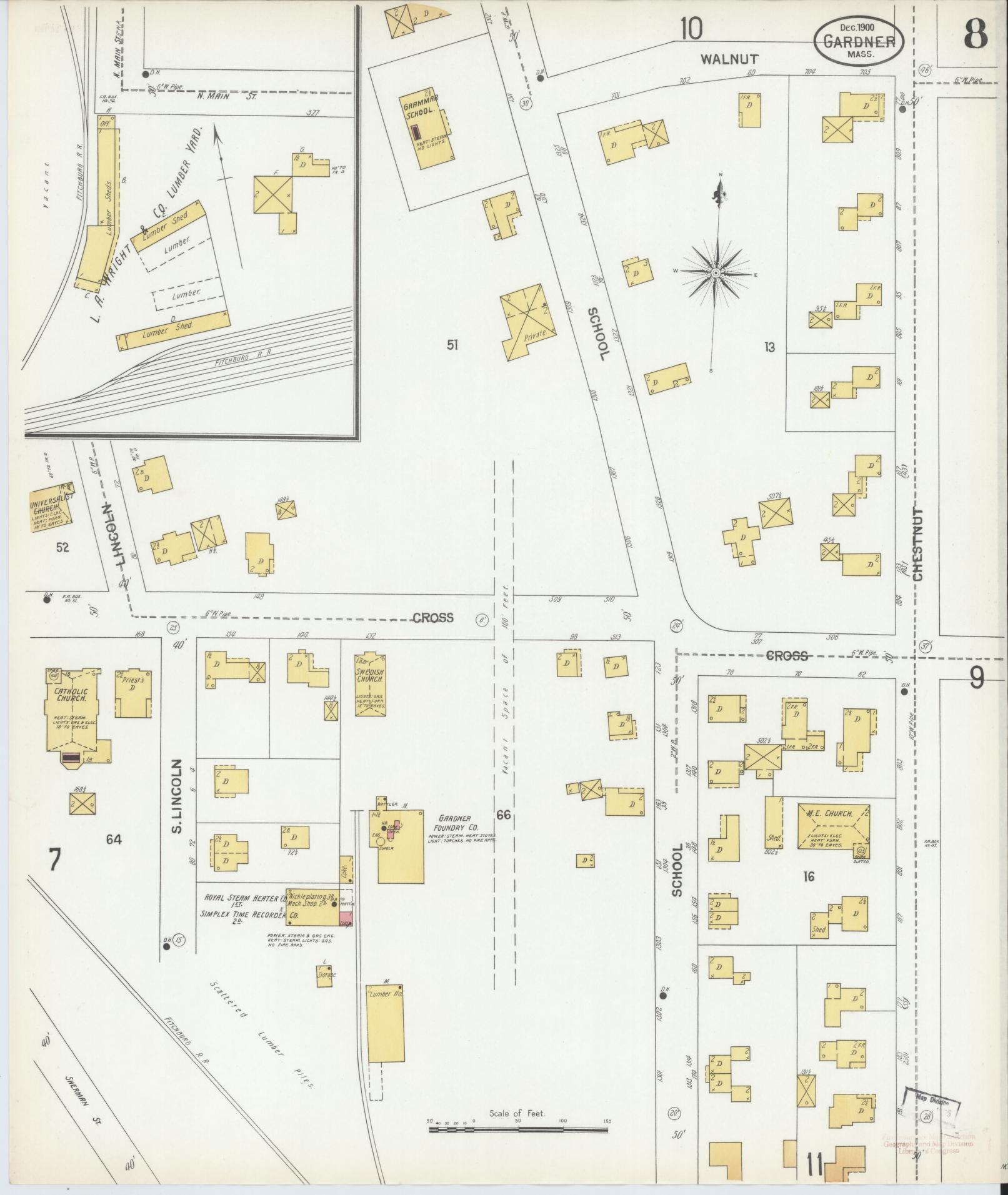 Sanborn Fire Insurance Map from Gardner, Worcester County, Massachusetts (1900), Sheet #0008 - Historic Sanborn Fire Insurance Map Print, vintage old map wall art, antique decor, genealogy gift, Massachusetts Massachusetts map