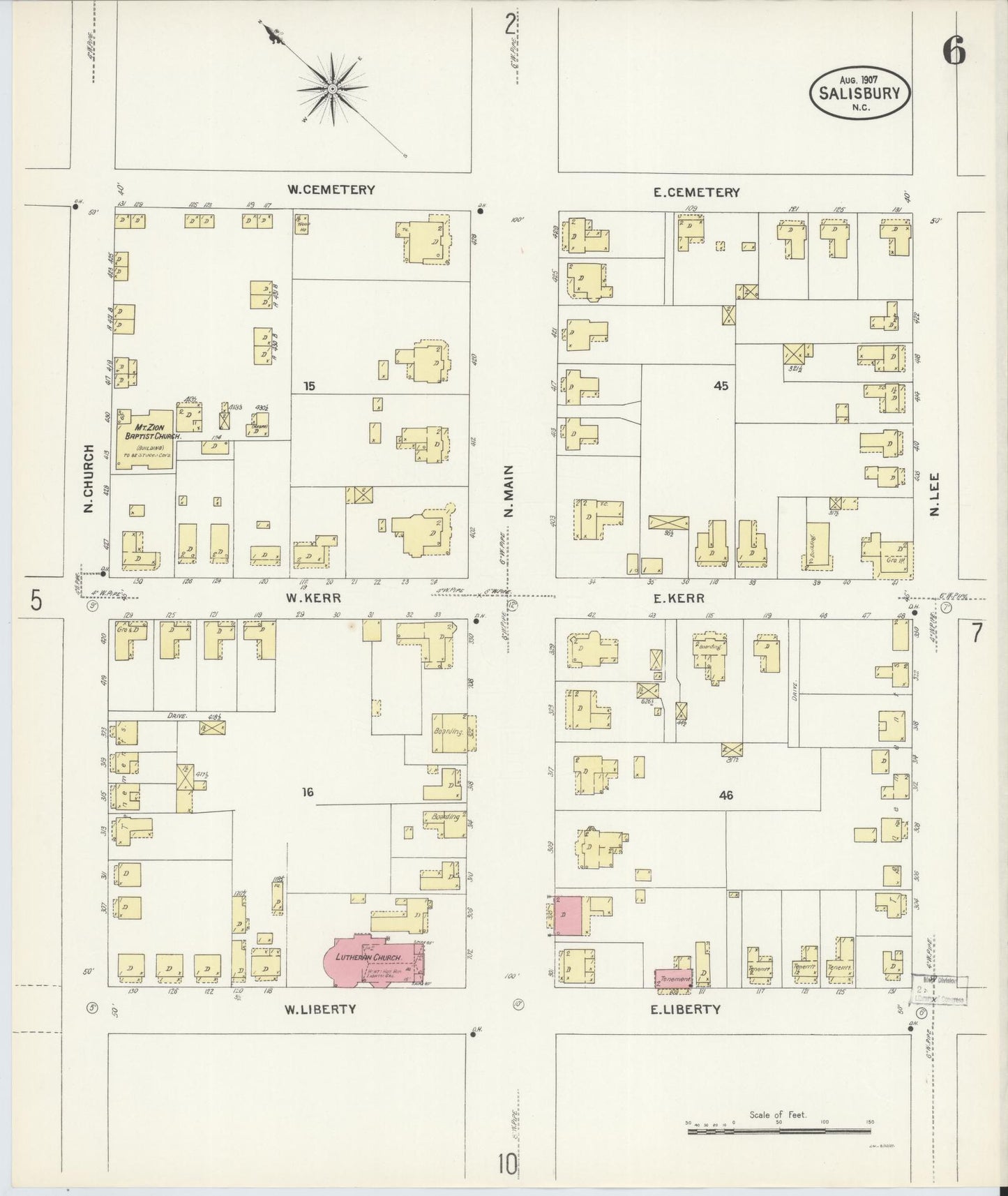 Sanborn Fire Insurance Map from Salisbury, Rowan County, North Carolina (1907), Sheet #0006 - Complete Map Set gallery image, historic Sanborn map, vintage wall art, North Carolina North Carolina