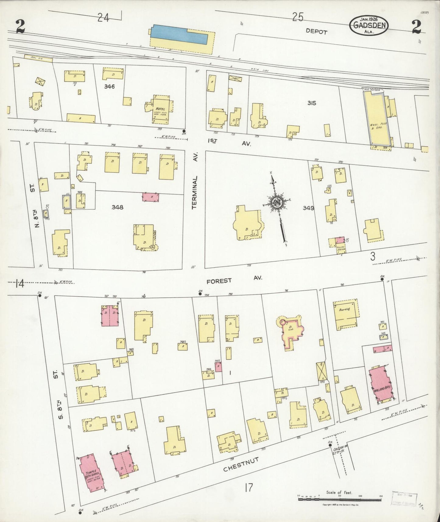 Sanborn Fire Insurance Map from Gadsden, Etowah County, Alabama (1926), Sheet #0002 - Complete Map Set gallery image, historic Sanborn map, vintage wall art, Alabama Alabama