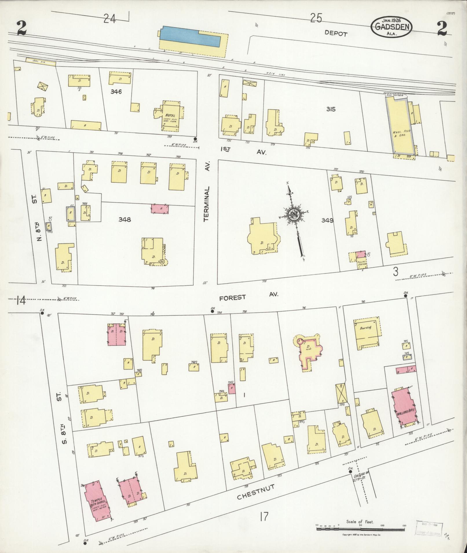 Sanborn Fire Insurance Map from Gadsden, Etowah County, Alabama (1926), Sheet #0002 - Complete Map Set gallery image, historic Sanborn map, vintage wall art, Alabama Alabama