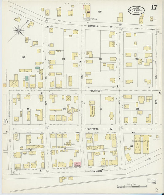 Sanborn Fire Insurance Map from Norwich, New London County, Connecticut (1897), Sheet #0017 - Historic Sanborn Fire Insurance Map Print, vintage old map wall art, antique decor, genealogy gift, Connecticut Connecticut map