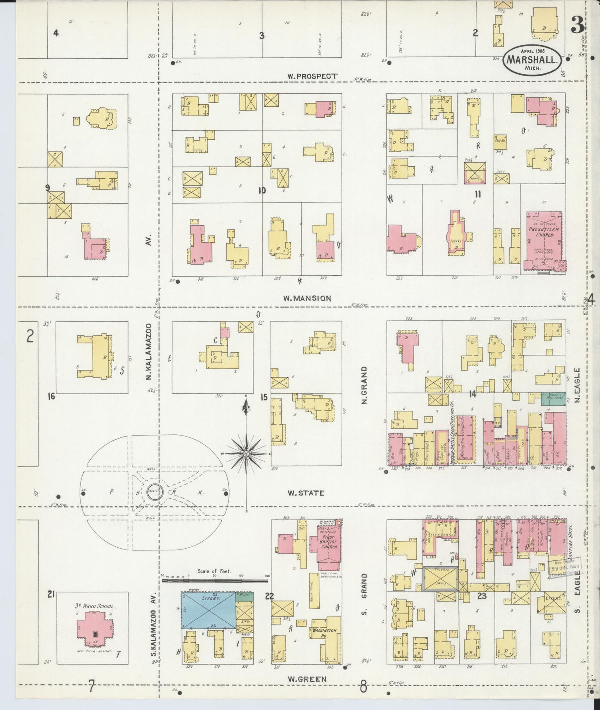 Sanborn Fire Insurance Map from Marshall, Calhoun County, Michigan (1906), Sheet #0003 - Historic Sanborn Fire Insurance Map Print, vintage old map wall art, antique decor, genealogy gift, Michigan Michigan map