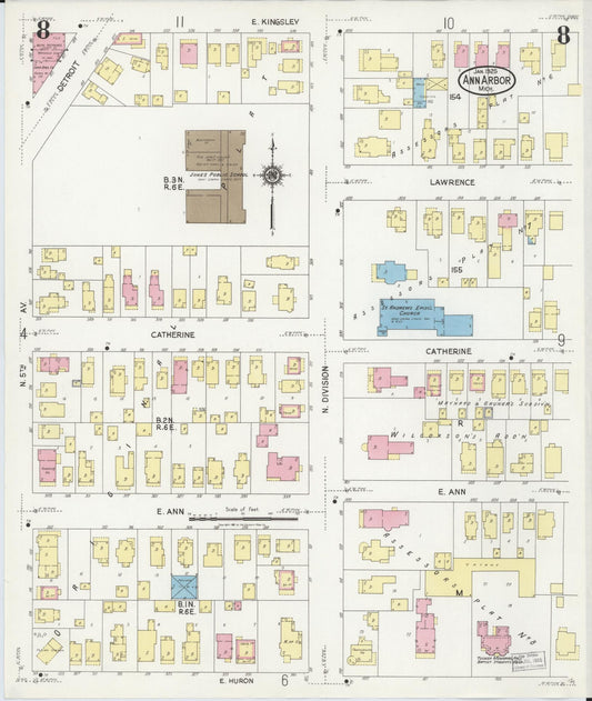Sanborn Fire Insurance Map from Ann Arbor, Washtenaw County, Michigan (1925), Sheet #0008 - Historic Sanborn Fire Insurance Map Print, vintage old map wall art, antique decor, genealogy gift, Michigan Michigan map